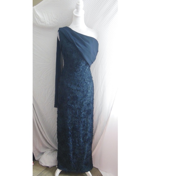 NEW JS COLLECTIONS Navy Lace ELODIE Floral ONE SHOULDER Chiffon DRAPED GOWN 10 - Picture 8 of 13